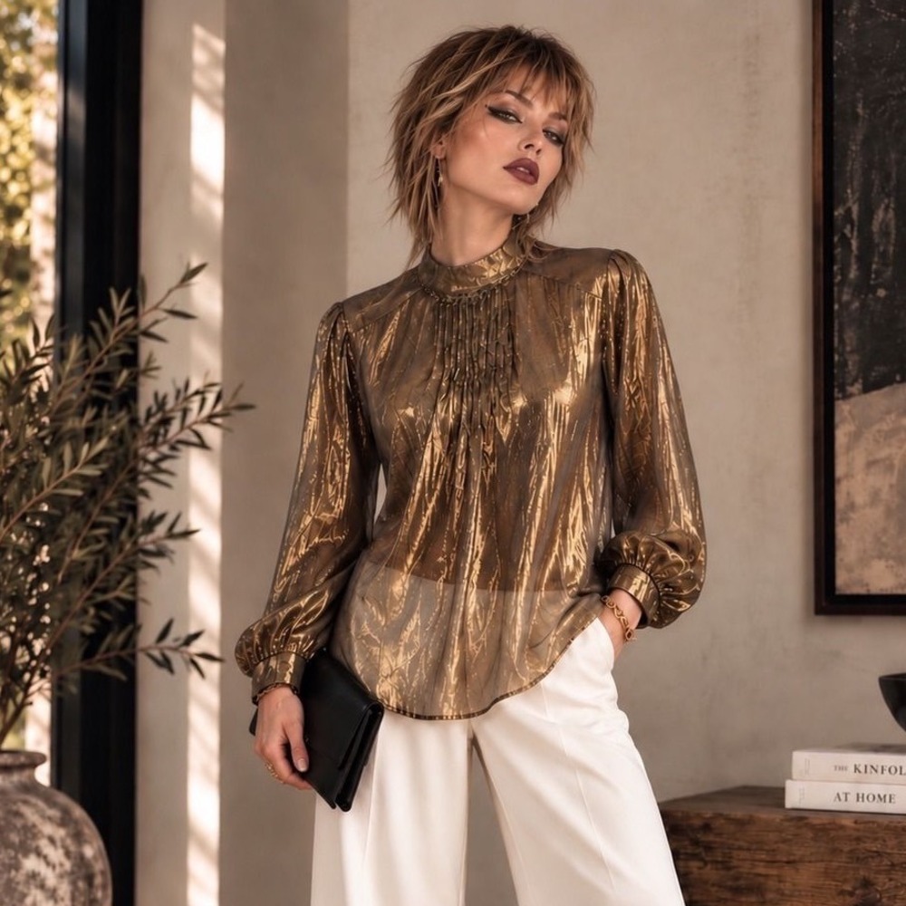 Vertigo Paris M Gold Metallic Silk Blouse Mock Neck